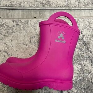 Kamik Girls' Bright Pink Waterproof Rain Boots with Easy Pull Handles